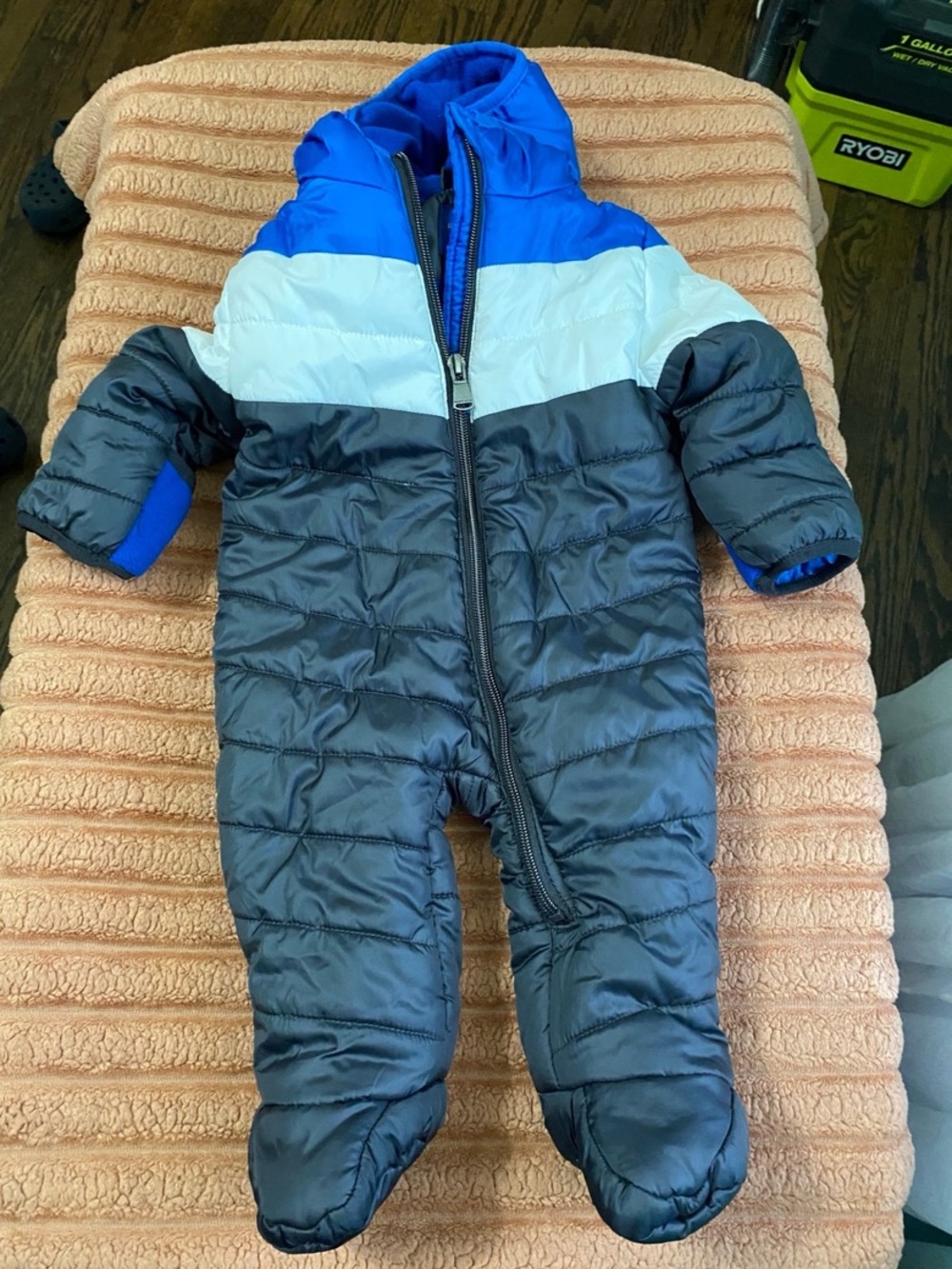 Perry Ellis Blue White and Gray Baby Puffer Footie Snowsuit